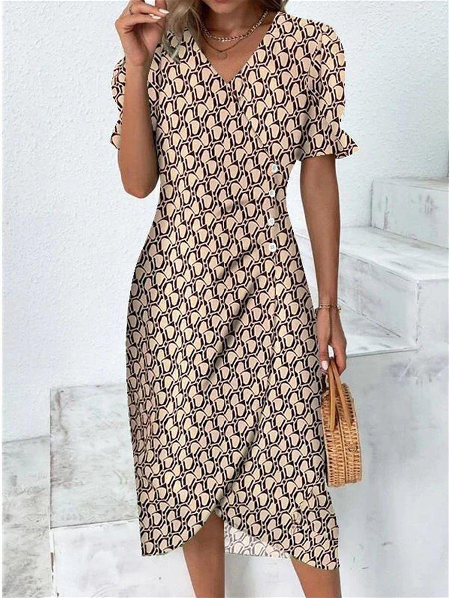 

Women s Geometric Print V-Neck Short Sleeve Asymmetrical Hem Button Detail Dress 3XL
