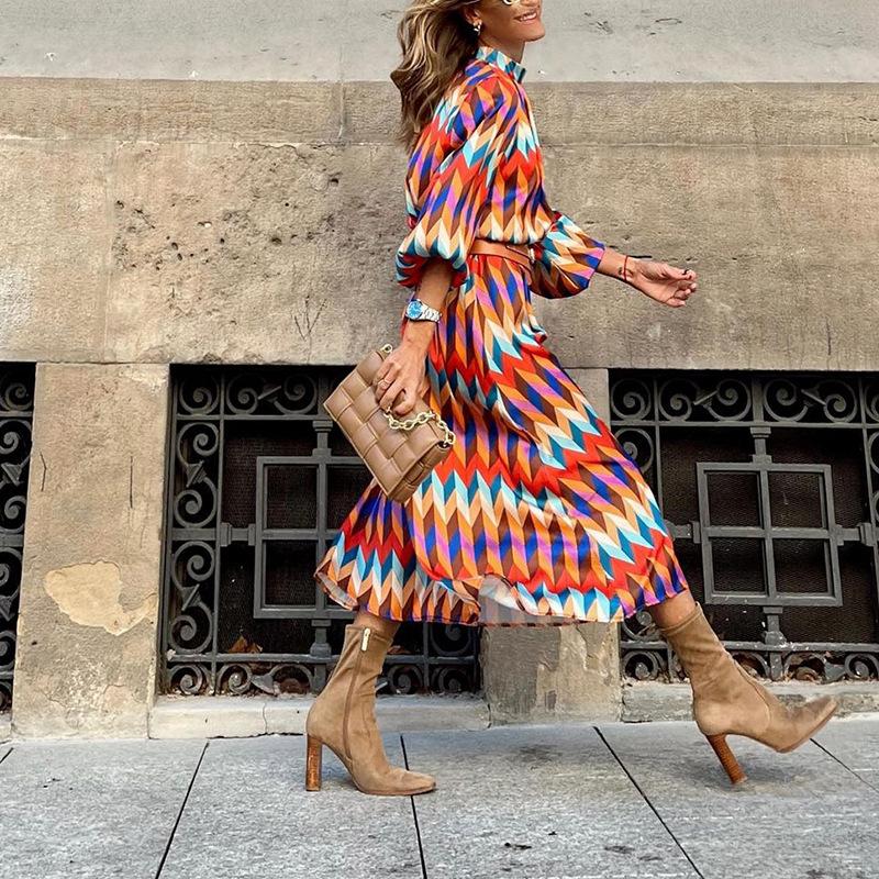 

Осень 2025 Новая коллекция, Женская одежда, Мода, Темпераментная стойка-воротник, Длинный рукав, Средней длины, Платье XXL