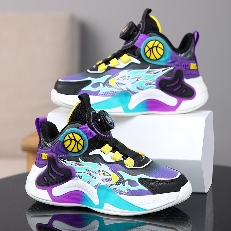 Boys shoes spring and summer children's sports shoes non-slip breathable mesh basketball shoes rotating button middle and older children's runni