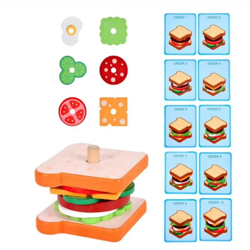 Todders Montessori Toy Wooden Hamburger Sandwich French Fries Sorting Stacking Toys Pretend Play Food Toy Kid Role Playing Games