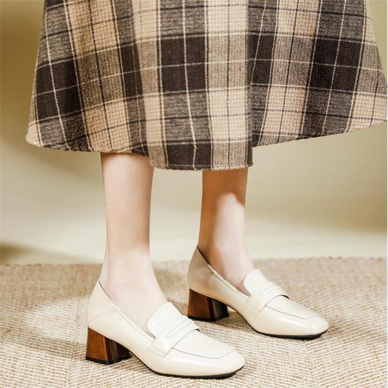 Γνήσιο Δέρμα Γυναικείες Γόβες Μόδα Casual Τετράγωνη Μύτη Χοντρό Ψηλό Τακούνι Λόφερ Γυναικείες Ψηλοτάκουνες Παπούτσια Γραφείου για Φόρεμα