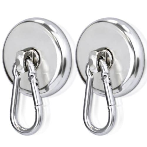 

Two Super Strong Magnetic Hooks, 42mm Diameter, Neodymium Magnets, 65kg Vertical Load Capacity, 360-Degree Rotation, with Magnetic Carabiner, Rust-Res