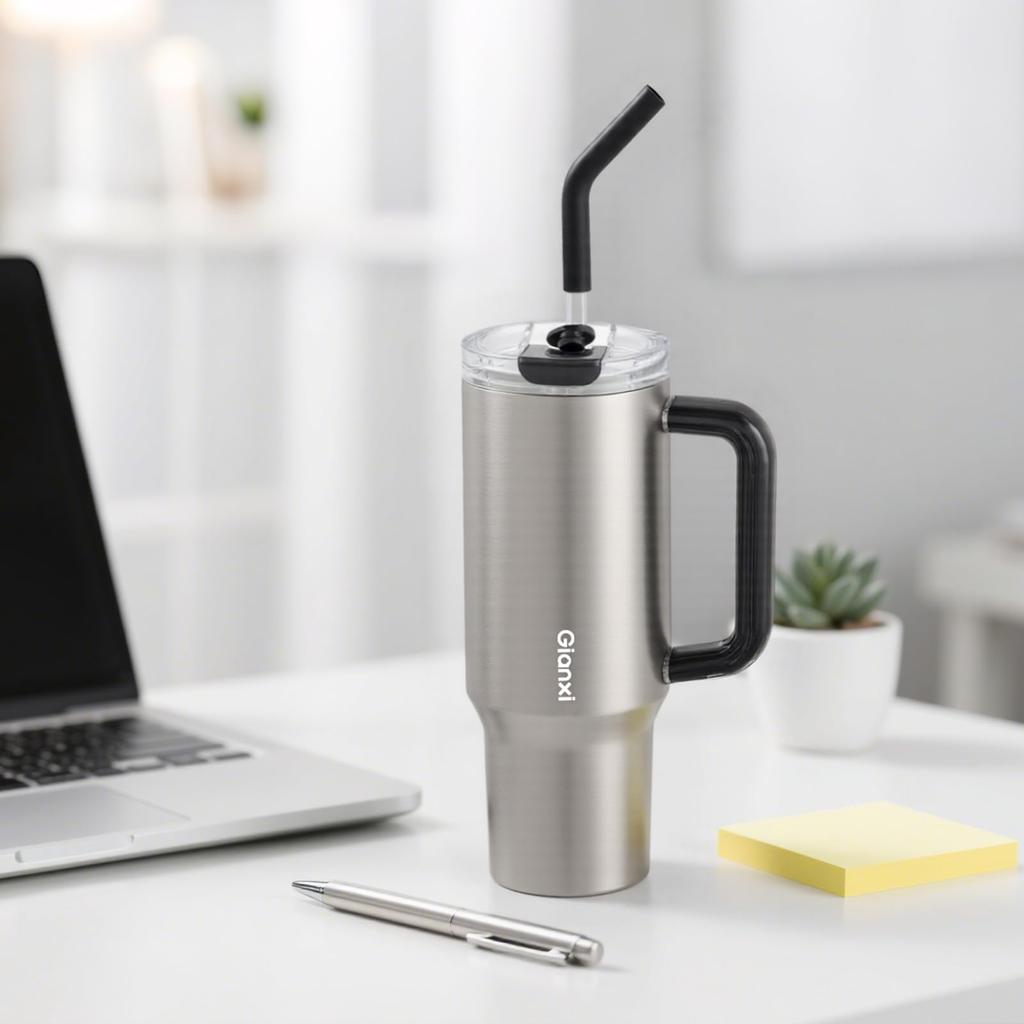 GIANXI Ceramic Tumbler, 1000ml, with Straw, Lid, and Handle, Insulates Hot and Cold Drinks, Vacuum Insulated, Wide Mouth, Large Capacity, Suitable