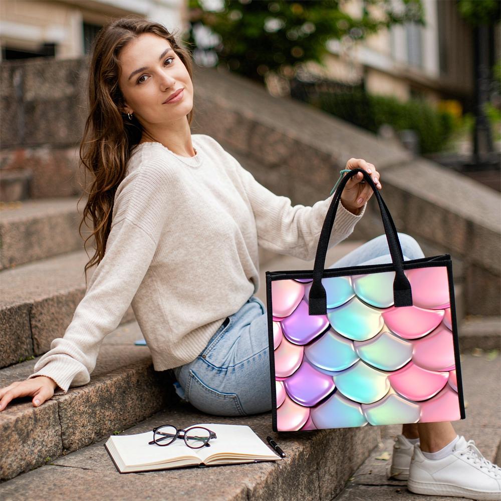Holographic Mermaid Scales Pattern Daily Tote Bag for Women Casual Stylish Shoulder Bag for Shopping Outdoor