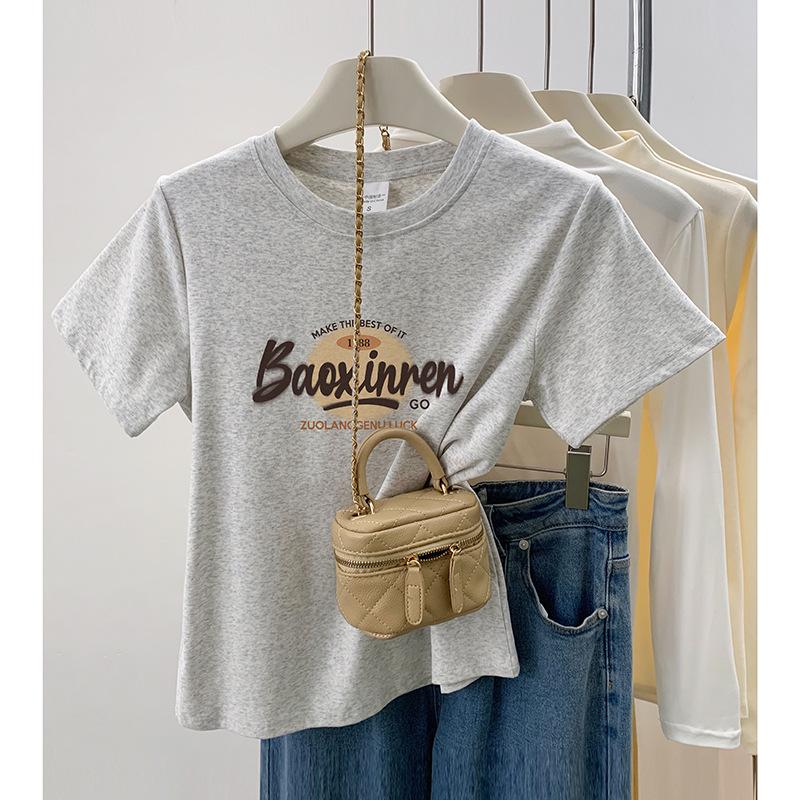 

Women s Petite 2024 Round Neck Letter Print T-Shirt - Summer Short Sleeve Top Medium сірий колір/білий