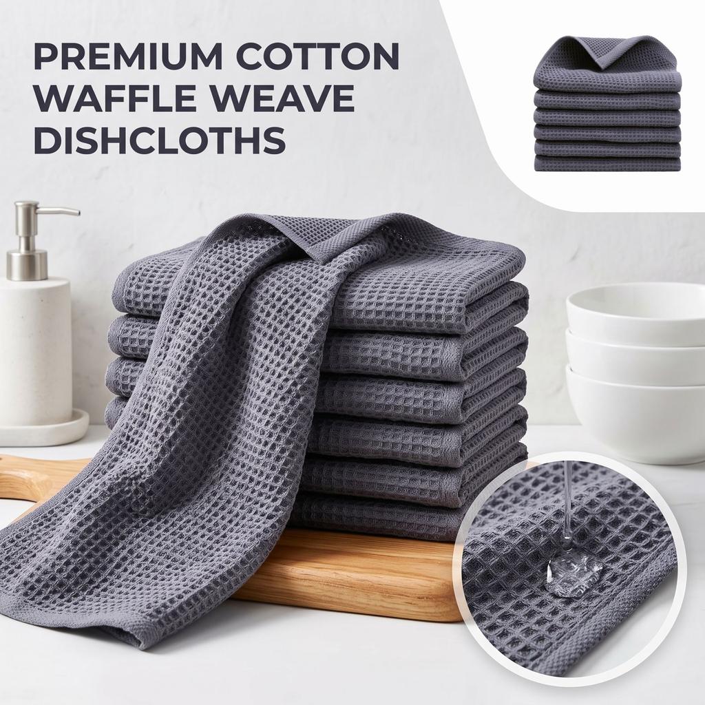 Cotton Weave Kitchen Dish Cloth, Ultra Soft Absorbent Quick-Dry Dish Towel, 12*12 Inches, Dark Gray, 6 Pack for Kitchen, Home Cleaning, Bathroom