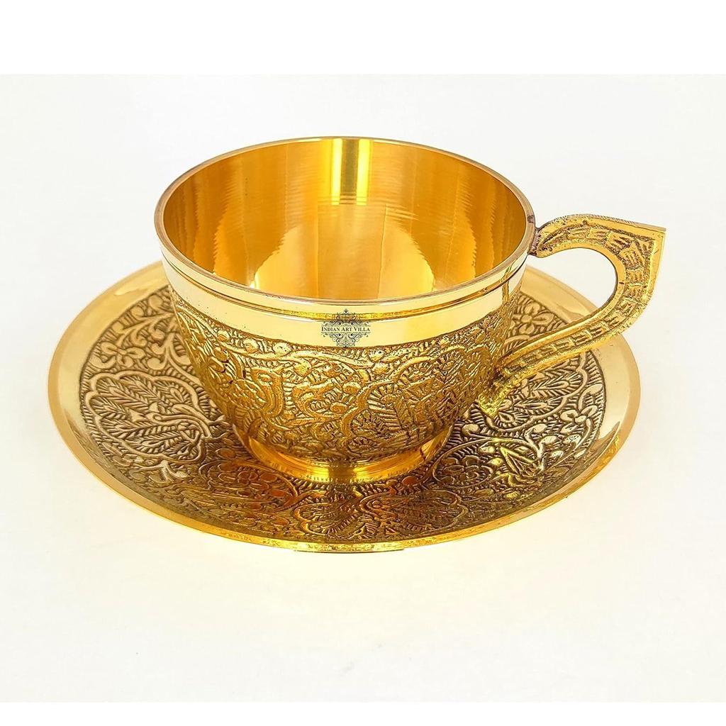 Tasse et soucoupe en laiton pur avec motif en relief, pour servir le thé, le café, vaisselle