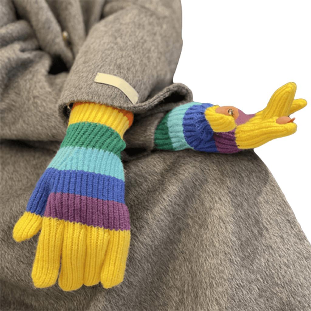 Rainbow Color Striped Knitted Gloves Winter Full Finger Mitten Thicken Warm Christmas Harajuku Gloves for Girlfriend