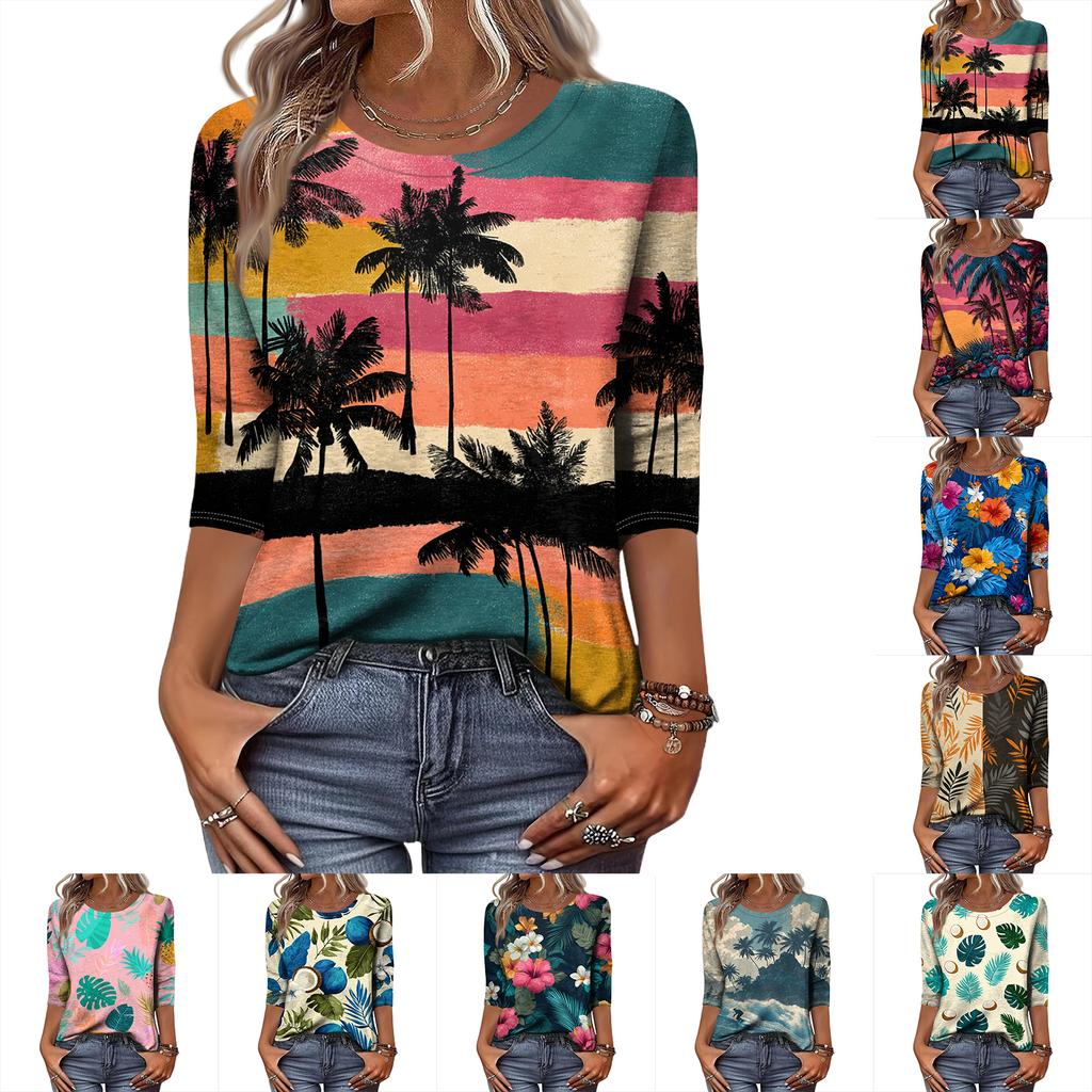 Damen Frühlings-Oberteile Rundhals 3/4 Ärmel Sommerhemden für Damen Lässig Bedruckt Locker Geschnitten Damen Sommerhemden