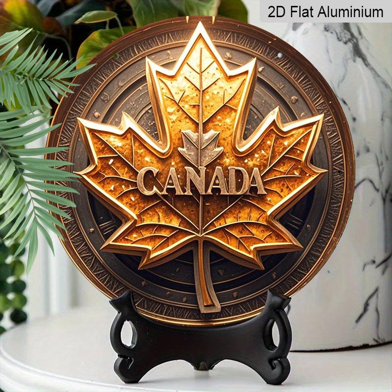 2D Flat Printing, 1pc Round Aluminum Canada Maple Leaf Metal Sign, Vintage Gold Embossed-Style Patriotic Wall Plaque, Durable Weatherproof Wall