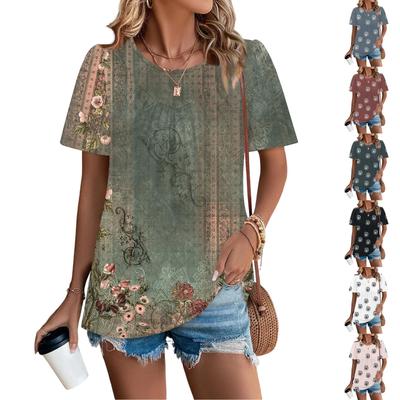 Women's Casual Fashion Round Neck Floral Printed Pleated Short Sleeve T,shirt Top