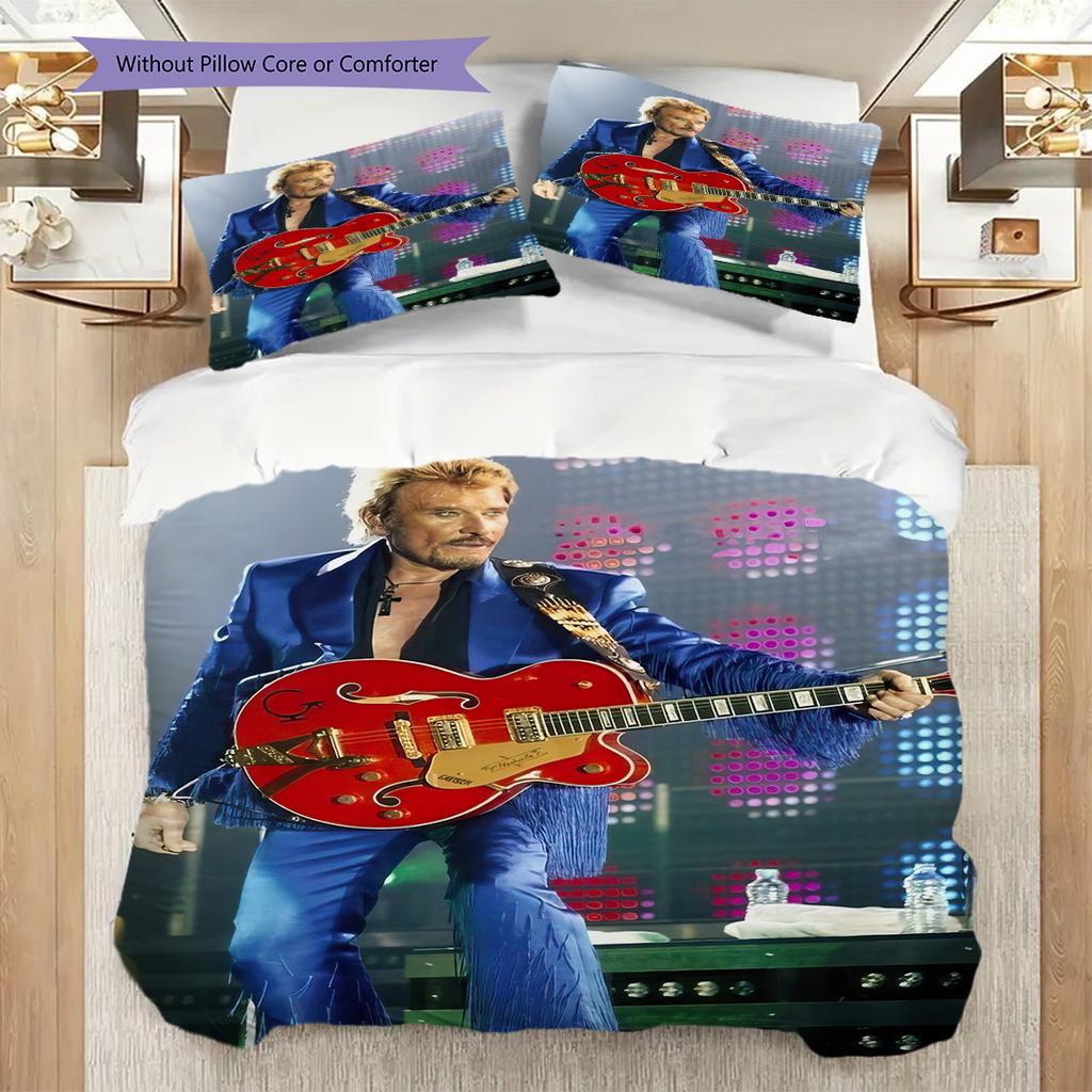 Johnny Hallyday Gitarrenperformance Bettwäsche, Bettbezug, Kissenbezug, Heimdekoration, Geburtstagsgeschenk (1 * Bettbezug+2 * Kissenbezug, ohne Füllung)