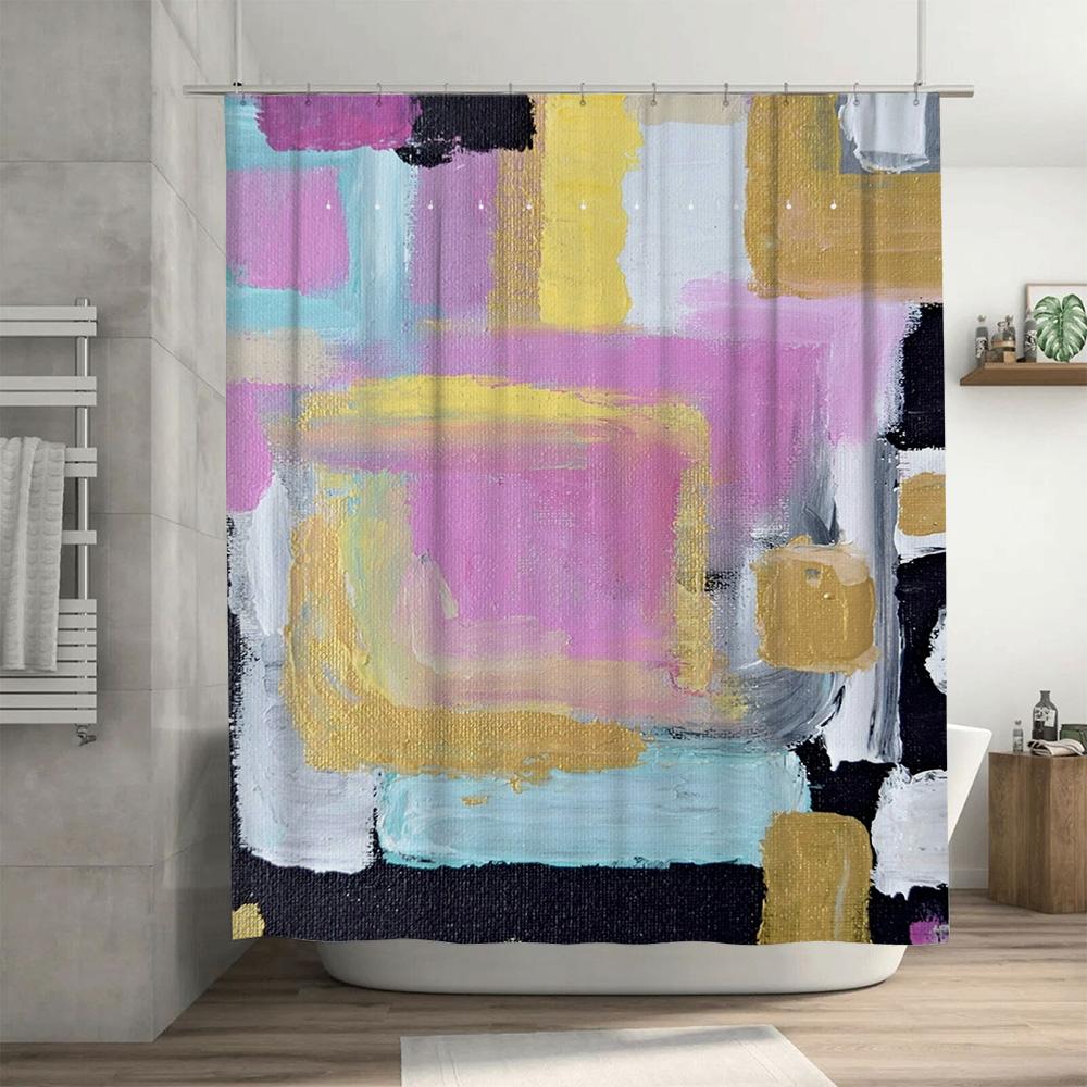 Modern Abstract Shower Curtain Bathroom Decor Artistic Colorful Pink Gold Blue Yellow Black Gray Size Customizable Waterproof Fa
