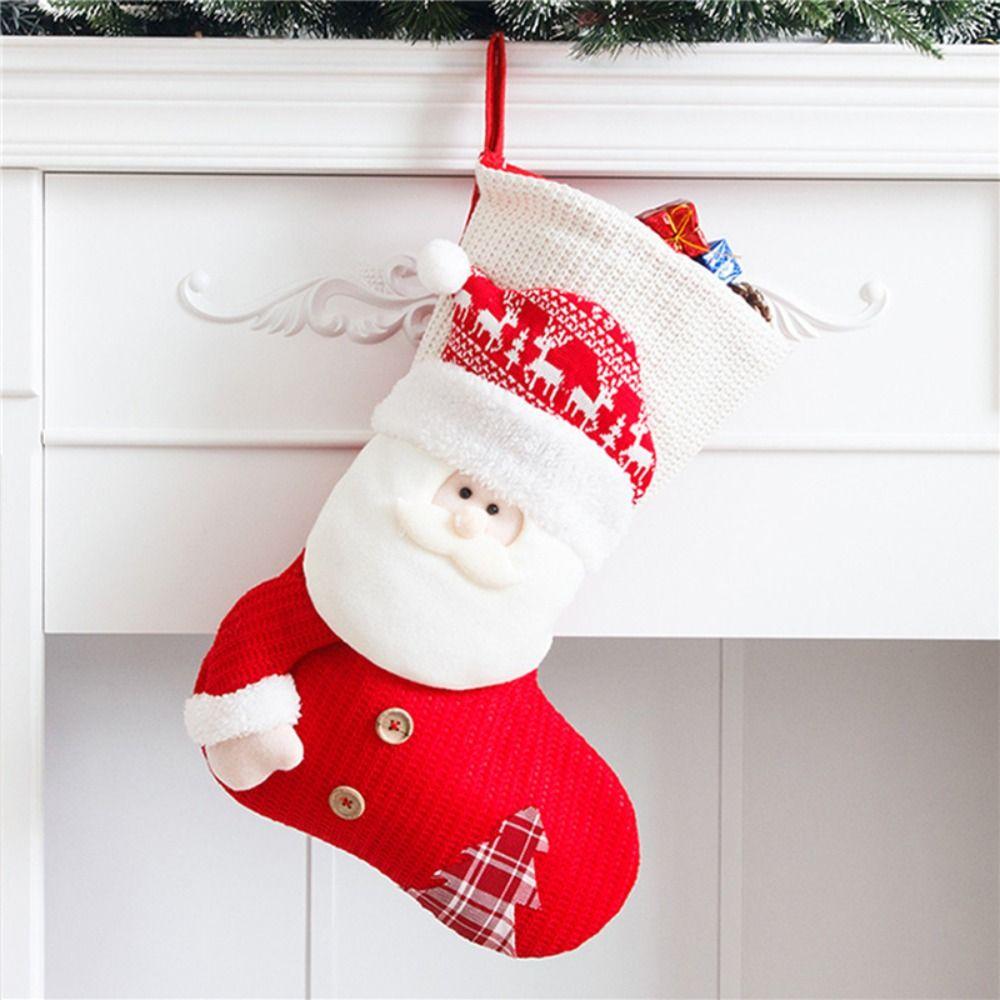 New Large Christmas Stocking Red White Knitted Fireplace Decor Socks Home Decoration Candy Holder Xmas Gift Bags