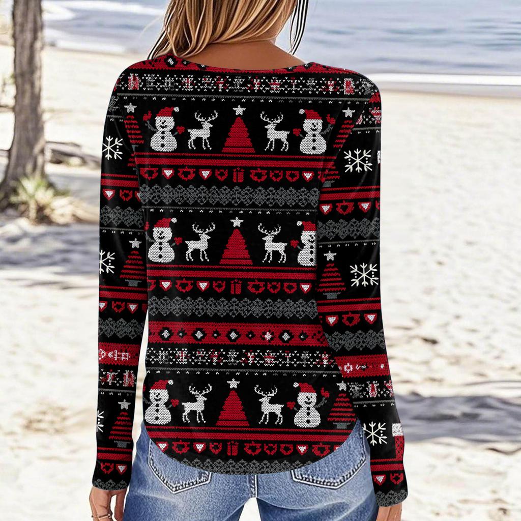 Women's Fashion Casual Long Sleeve Christmas Printed Round Neck Top