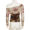 Plant Printed Retro Mesh Patchwork One Shoulder Short Top Sexy Contrasting Color Slim Fit Long Sleeved Shirt for Spicy Girls T-Shirts Women’s
