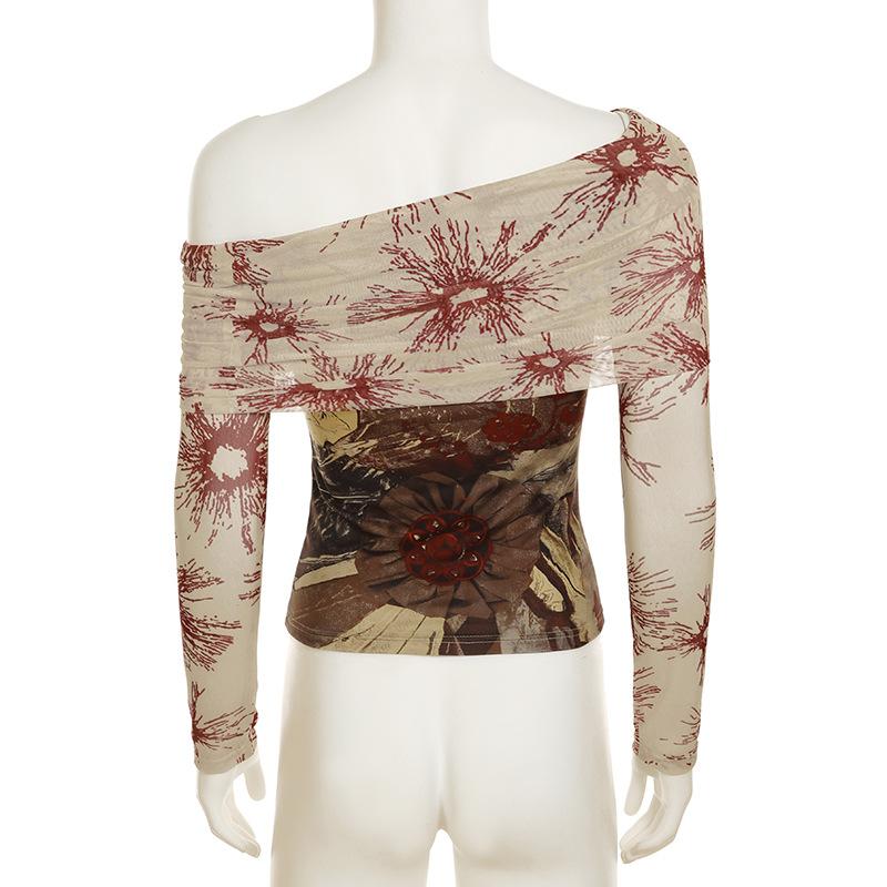 Retro síťované patchworkové krátké topy na jedno rameno s potiskem rostlin, sexy kontrastní barvy, slim fit košile s dlouhým rukávem pro pikantní dívky, dámská trička