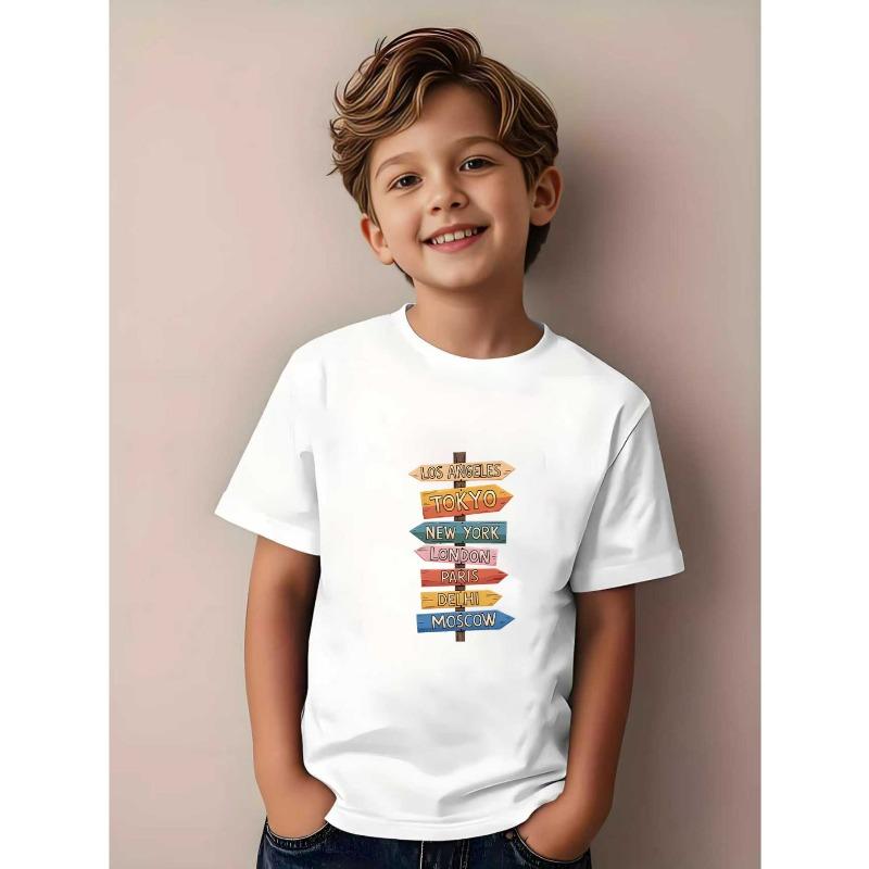 European Sizes Boys' World City Guide T-Shirt - Casual Lightweight Short Sleeve Summer Top, Suitable for Boys T-Shirts