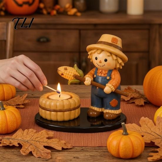 Rustic Yard Decoration Halloween Resin Scarecrow/Ghost/Mummy Candle Holder, Decorative Bonfire Tea Light Hand Painted Table Centerpiece Camping Scene