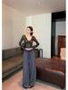Women's Autumn Lace-up V-neck Lace Black Top - Slim Fit, Waist-cinching, Chic Long Sleeve