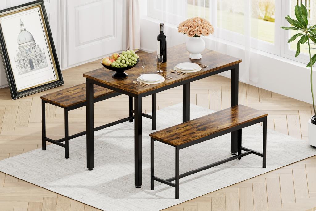 Dining Table Set, Bar Table with 2 Benches, Industrial Breakfast Table for Kitchen, Living Room, Party Room, Rustic Brown and Black, 110*60*75cm