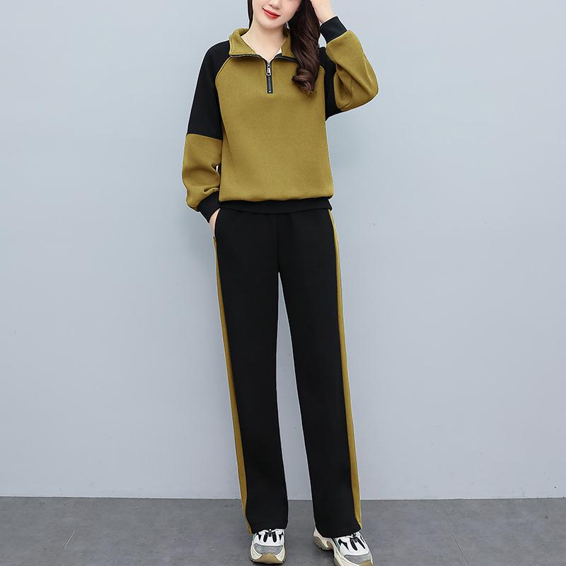 Women's Spring/Autumn Casual Sportswear Set - Loose, Age-Reducing, Spliced Sweatshirt Two-Piece Ensemble