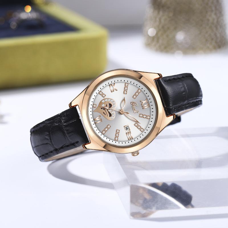 High-End Calendar Watch Light Luxury Diamond-Encrusted High-Value Hollow Women'S Watch Big Red Leather Quartz Watch