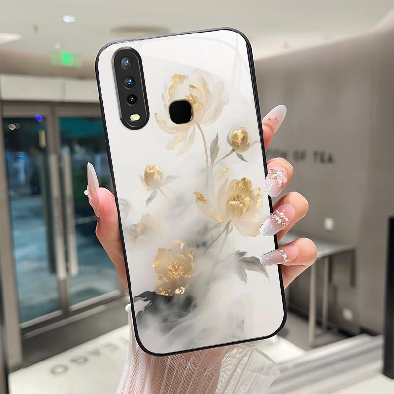 Beautiful Flower Cute Cats Case For Vivo Y11 2019 1906 Y12 Y17 Y15 Y19 Tempered Glass Phone Case Protective Cover Hard Shell