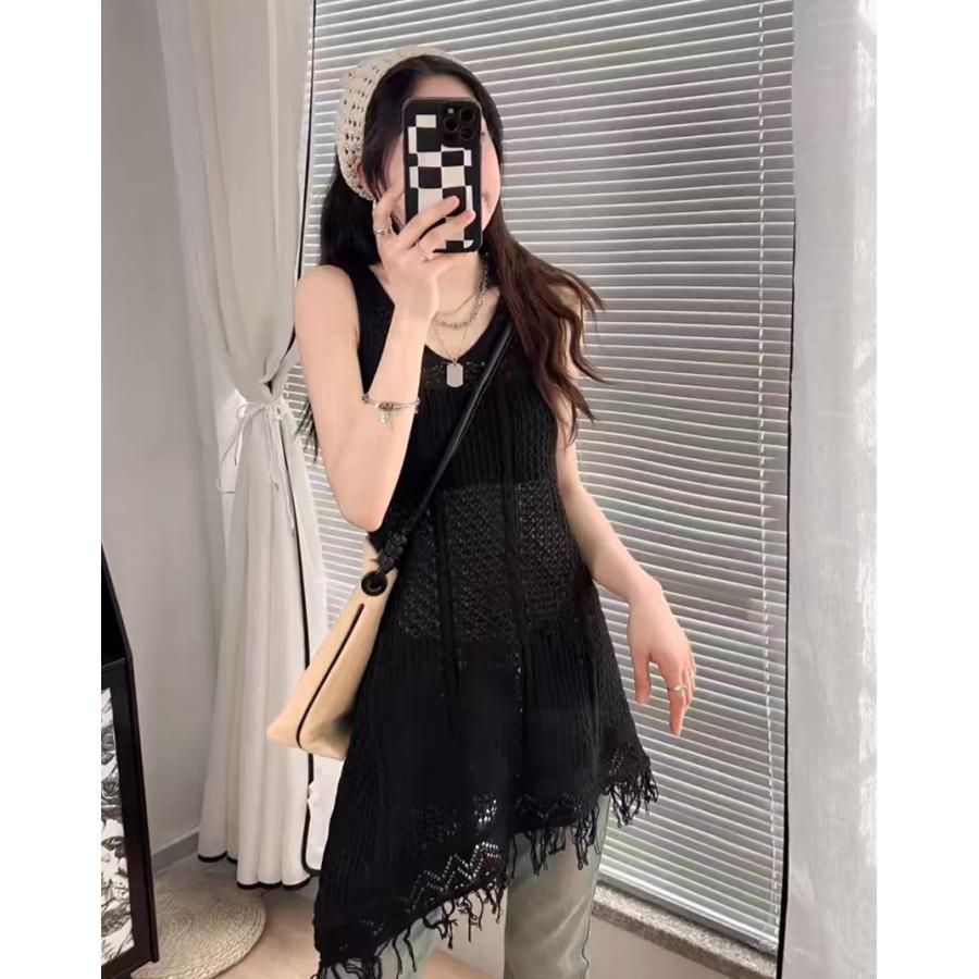 Summer Women Sleeveless Solid Hollow Out Tassel Knitted Sweater Pullover Long Tops