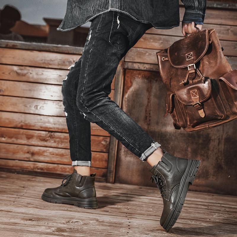Black Leather Boots Insoles Chic Durable Stitching Design Outdoor Lace Up Ankle Boots Men Trainers  Work Boots