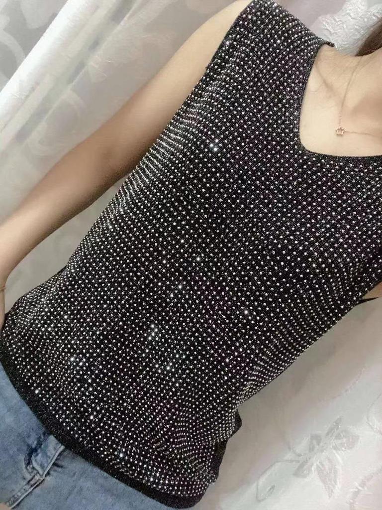 2023 Shiny Silk Sleeveless V-Neck Women's Vest - Spring/Summer New Style, Loose Fit with Hot Diamond Sling Knitted Design