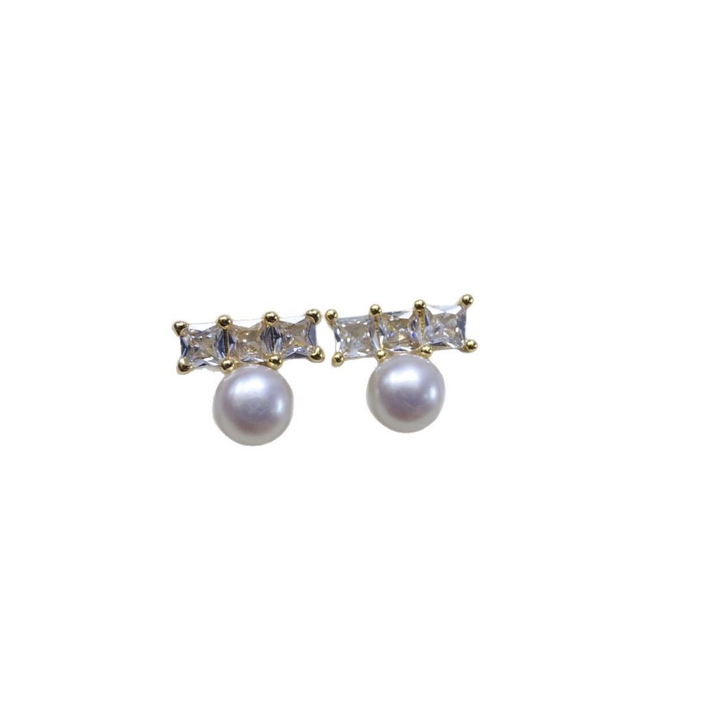 Natural freshwater pearl earrings for women, simple zircon single character balance beam, fashionable and versatile pearl earrings