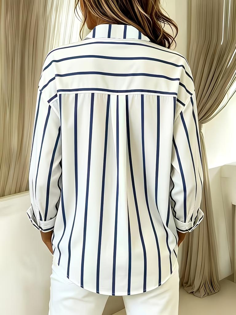 Women's Casual Striped Lapel Button-down Shirt, Loose Long-sleeved Top