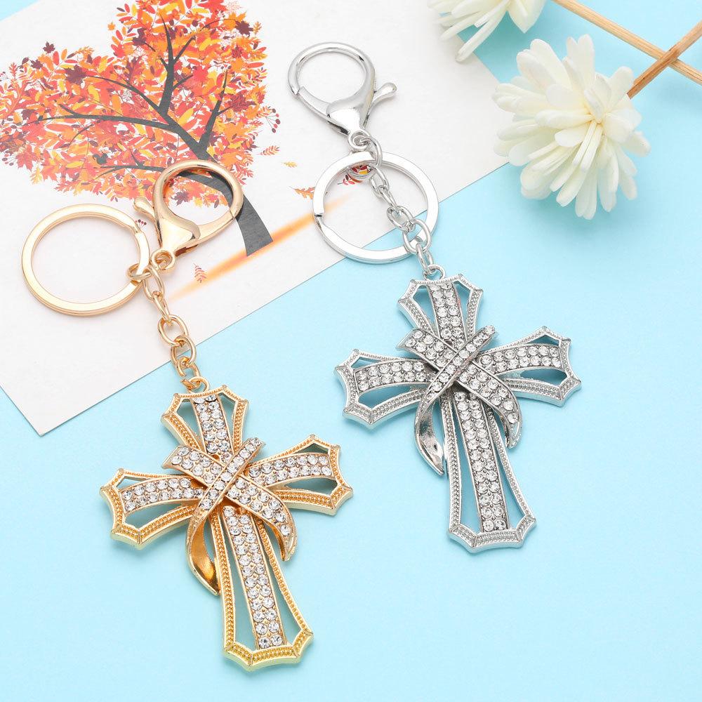 Catholic Cross Keychain for Women Men Rhinestone Religious Christ Keyring Bag Pendant