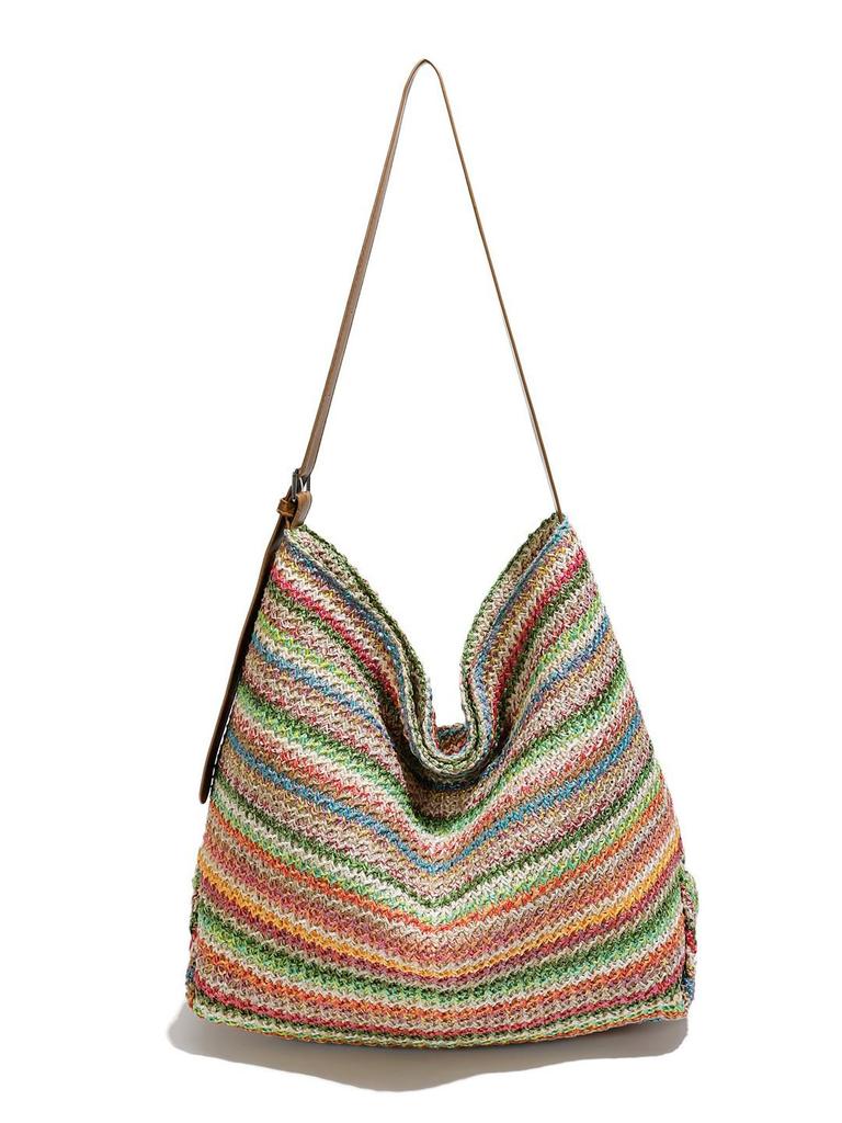 Stylish Striped Straw Shoulder Bag - Large Capacity Korean Vacation Handbag for Women