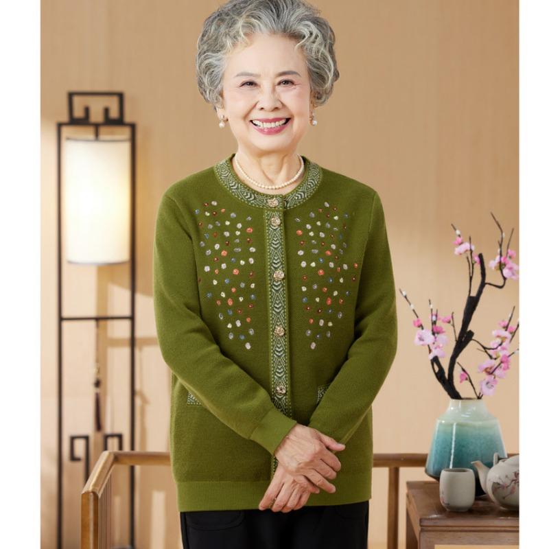 Autumn Over Grandma Knitted Sweater Crew Neck Clothes Medium and Old Women's Clothing Mom Clothing Long Sleeve Cardigan