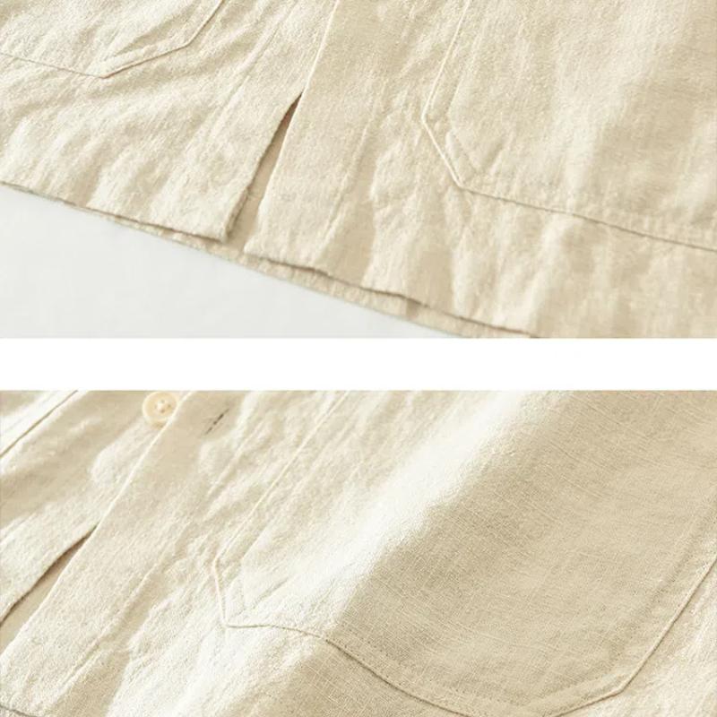 Spring and Summer Cotton Linen Long Sleeve Men Shirt Chinese Style Casual Shirts Lapel Collar Solid Color Button Up Shirt Multi Pocket Overshirt