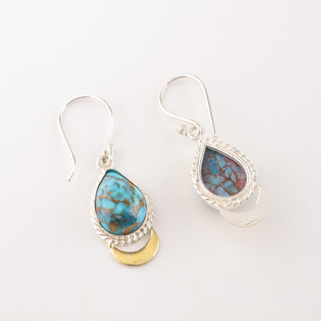 Blue Copper Turquoise Gemstone 925 Stamped Silver Handmade Jewelry Hook Earrings EE-162-42