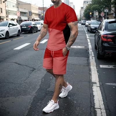 2-piece Men's 3D Line Splicing New Casual Set Men's Short Sleeved T-shirt and Fashionable Shorts Set Summer Outdoor