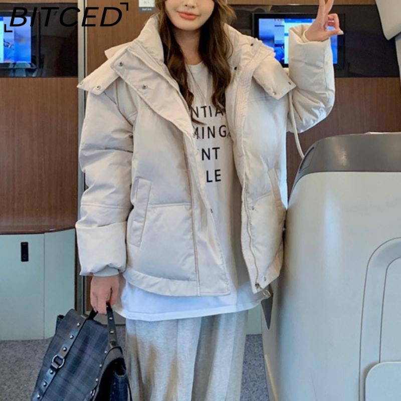 BITCED New Style Women's Winter Short-Length Hooded Puffer Jacket with Design-Forward Thickened Fleece Lining