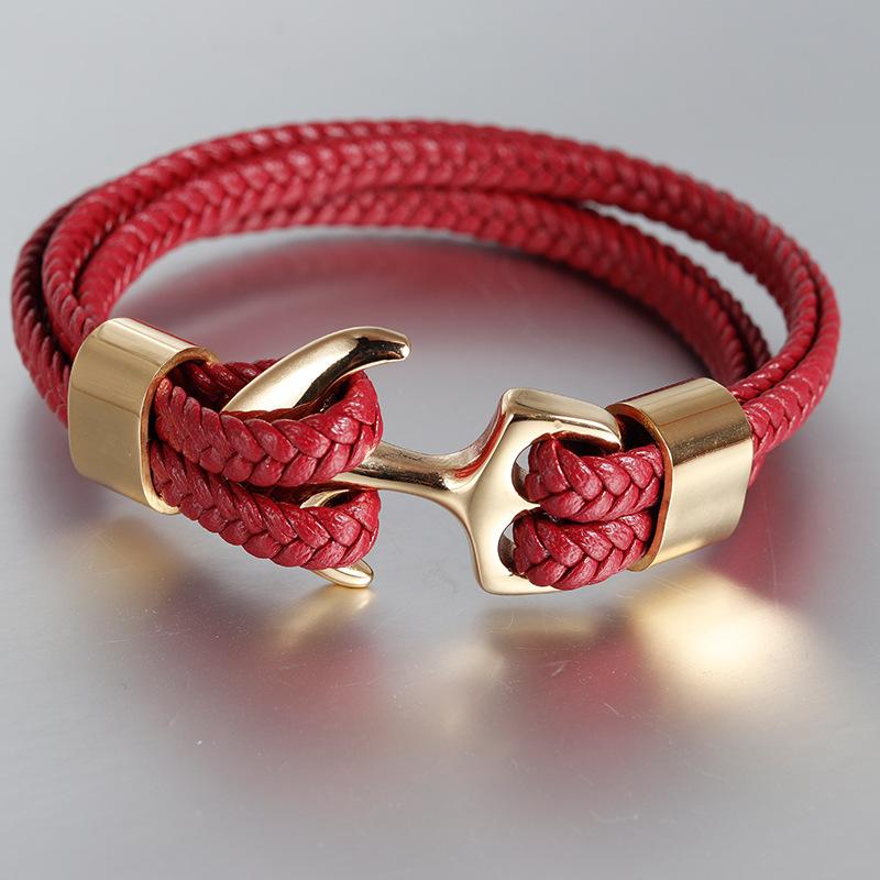 European and American Men, Bracelet Gold Personalized Cowhide Woven Boat Anchor, Genuine Leather Bracelet Leather Rope