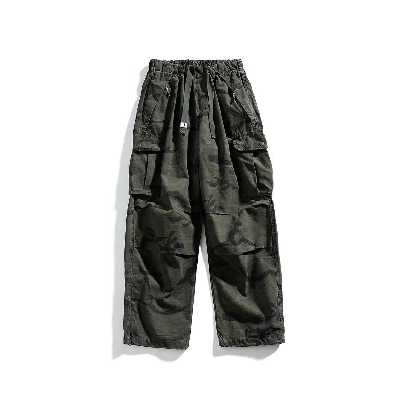 Men's Trendy Straight Casual Pants Camouflage Fashion Multi-pocket Overalls Blue Versatile Wide-leg Pants