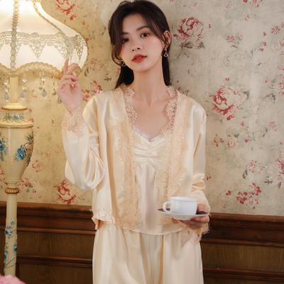 Nya Pyjamas Hängslen Långärmad Kofta Byxor Pyjamasset Dam Satin Hemmakläder Tredelad Pyjamas i Prinsessstil
