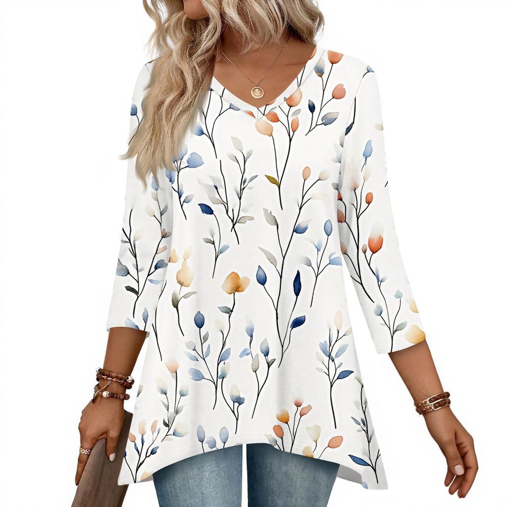 Dámské topy s výstřihem do V a 3/4 rukávem, ležérní košile střední délky, módní tuniky s potiskem