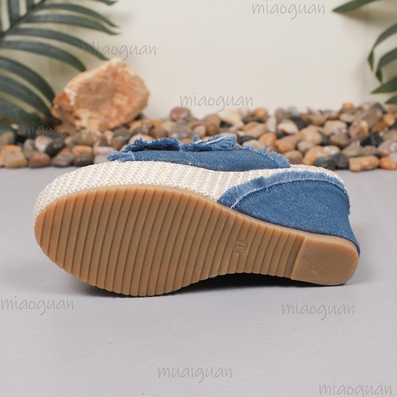 2025 New Women Platform Sandals Straw Weaving Thick Sole Denim Shoes Casual Double Buckle Strap Sandals Slides Women
