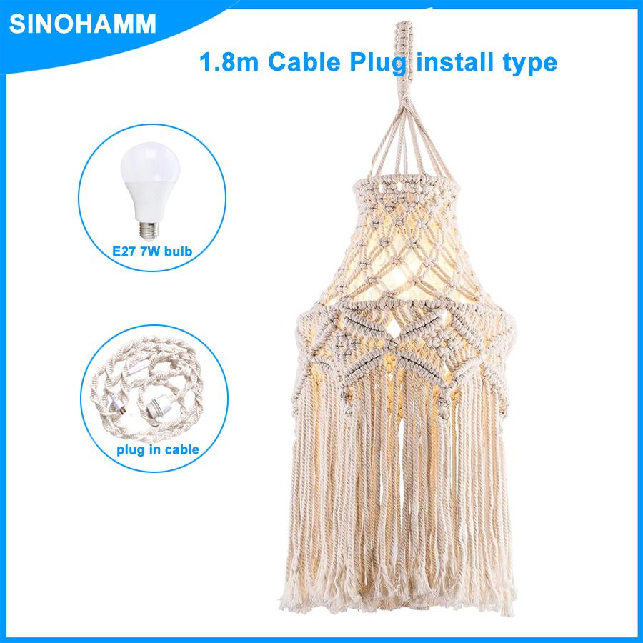 Boho Lamp Plug in Pendant Light Fixture with bulb,Plug in cord Ceiling Light Hanging Handmade Macrame Bedroom Livingroom Decor