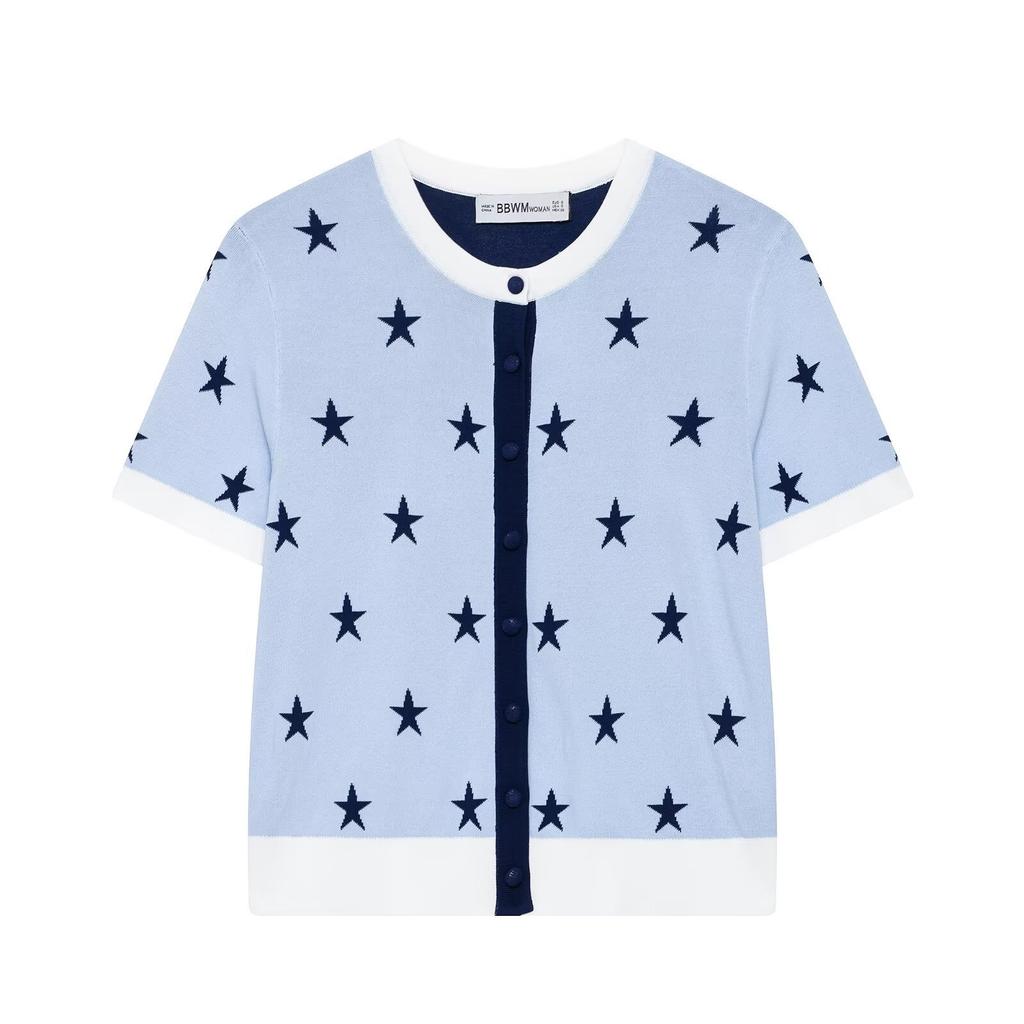 European and American style, new women's clothing, fashionable, versatile, round neck star-shaped color matching jacquard knitted sweater