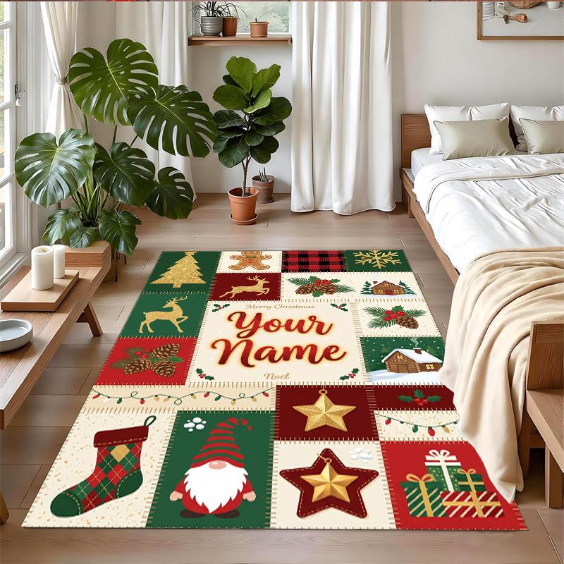 Christmas Custom Name Printed Square Area Rug Soft Non Slip Floor Carpet For Bedroom Holiday Gift