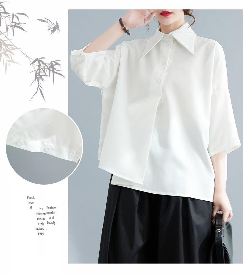 Women's Black Loose-Fit Irregular Top with Three-Quarter Sleeves