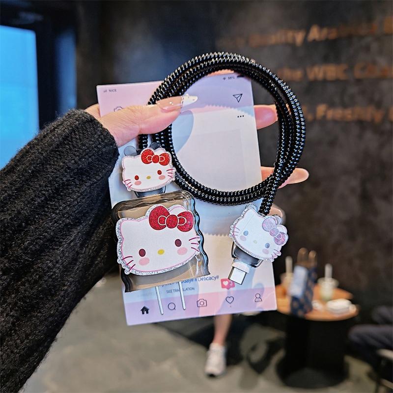 Leopard Print Hello Kitty Data Cable Protective Sleeve For Iphone 17 16 15 18/20W Charger Head Protector Cover Anti-Break Rope